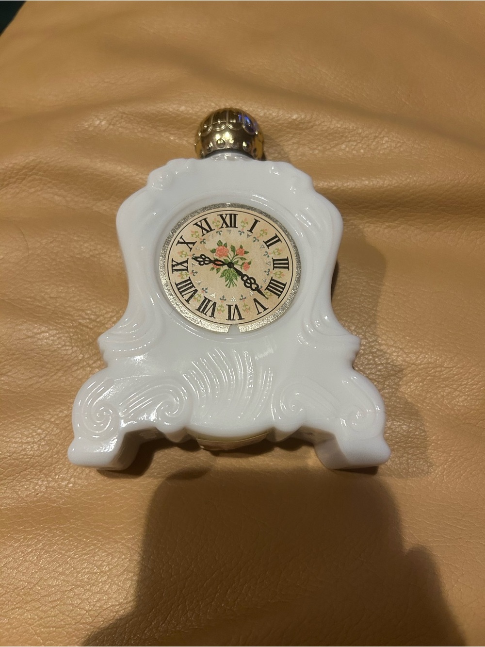 Vintage 1970’s white milk glass Avon grandfather clock decanter. Empty